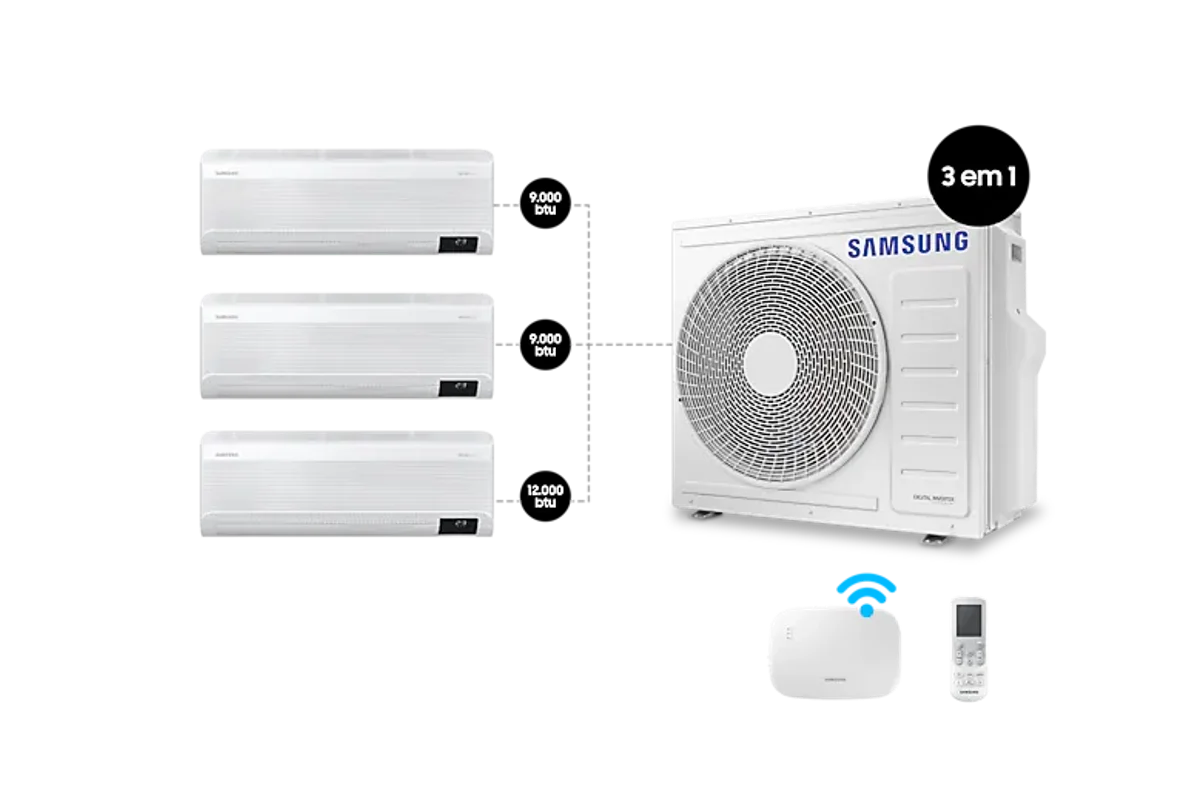 Tri-Split Samsung WindFree 24.000 BTUs (Hi Wall 2x9.000 &amp; 12.000) Quente/Frio com WiFi 220V